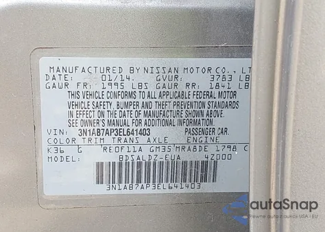 2014 Nissan Sentra Fe+ S/Fe+ Sv/S/Sl/Sr/Sv z USA, uszkodzony, nr VIN 3N1AB7AP3EL641403